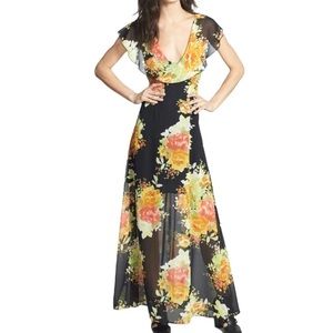 Floral chiffon black and yellow dress